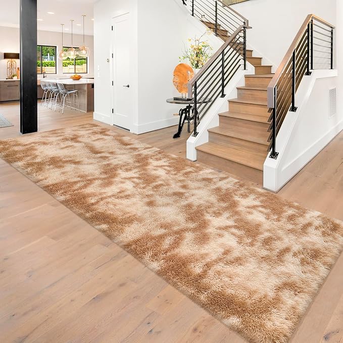 Super Soft Fluffy Living Room Area Rugs 3x10 ft Tie-Dyed Beige Shaggy Furry by JiaoBaba