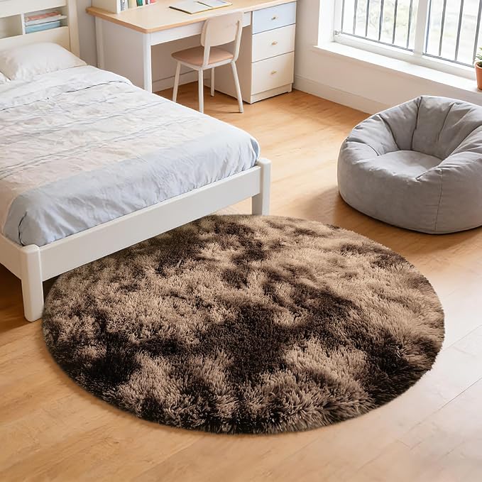 Tie-Dyed Coffee Fluffy Round Rug, Soft Area Rugs - Image 7