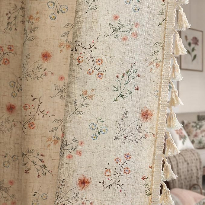 Boho Floral Spring Semi Sheer Curtains 84 Inch Length 2 Panels Set, Linen by Unknown