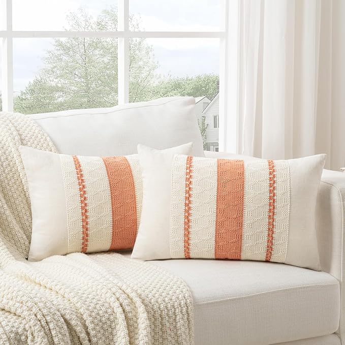 Fancy Homi Set of 1 Boho Coral Lumbar Decorative Throw Pillow Cover 12x20 Inch - Image 2