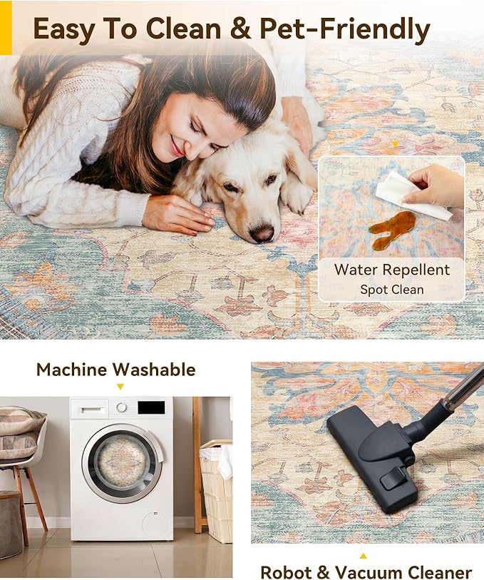 RELEANY Washable Area Rug, Round 4ft, Water Repellent, Pet Friendly, Vintage - Image 4