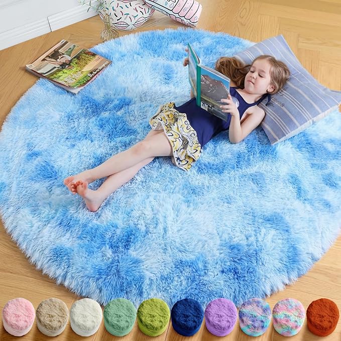 Amdrebio Tie-Dyed Light Blue Round Circle Rug 4Ft by Amdrebio