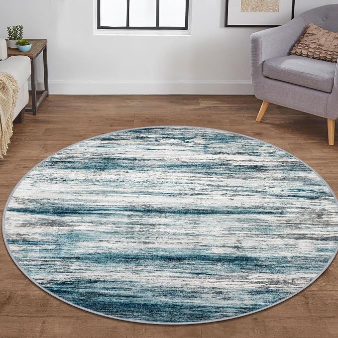 KOZYFLY Modern Abstract Round Area Rug 5Ft, Washable Kitchen Rug Non-Slip Soft by KOZYFLY