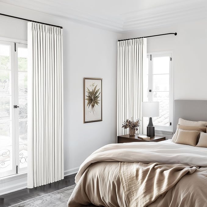 Beige White Pinch Pleated Full Blackout Linen 96 Inch Curtains 2 Panels | Room - Image 7