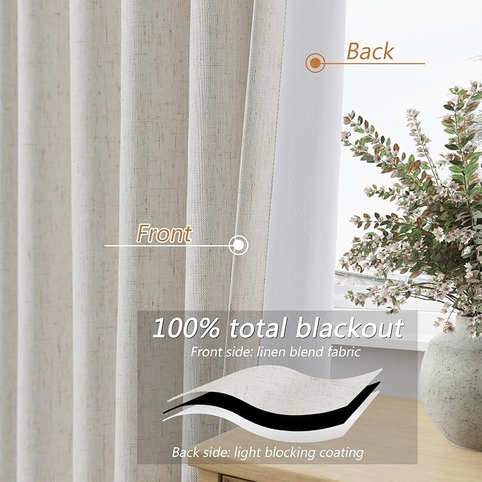 Guken 102 Inches Extra Long Boho 100% Blackout Linen Curtains 2 Panels Set - Image 4