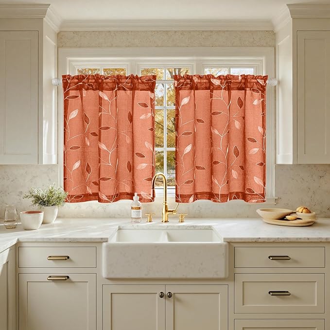 MIULEE Burnt Orange Sheer Curtains 2 Panels Embroidered Leaf Patterned Rod by MIULEE