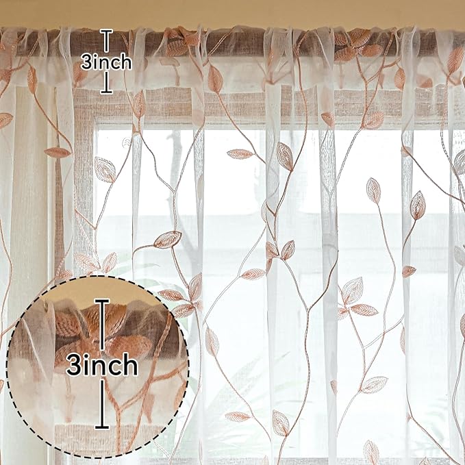 AmHoo 2 Panels Embroidered Leaf Pattern Semi Sheer Curtains Foliage Floral - Image 3