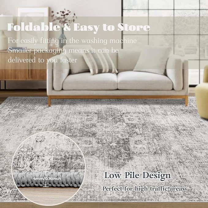 Area Rug 8x10 Washable Rug, Vintage Boho Medallion Rugs Non-Slip Soft Low Pile - Image 7
