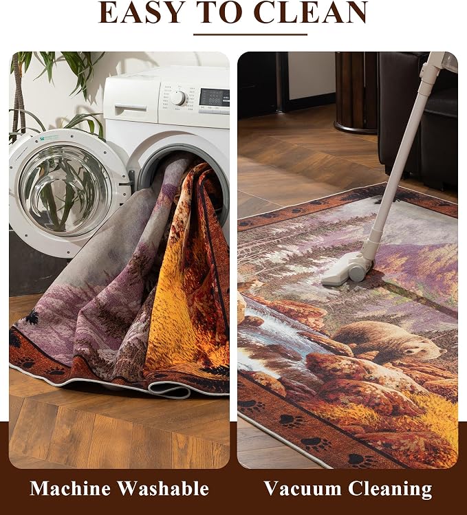 YIHOUSE Rustic Cabin Area Rug for Bedroom 5x7, Machine Washable Woodland Bear - Image 6