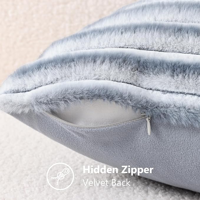 decorUhome Fall Faux Fur Throw Pillow Covers 24x24 Set of 2 Grey White | - Image 8