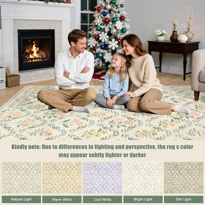 PLHXFR Round Area Rug Living Room: 6 ft Floral Washable Carpet Beige Multi | - Image 9