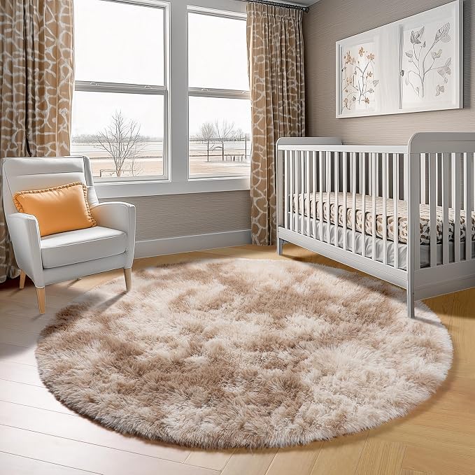ONASAR Tie-Dye Beige Round Area Rugs 5ft, Soft Bedroom Circle Rug Floor Mats - Image 4