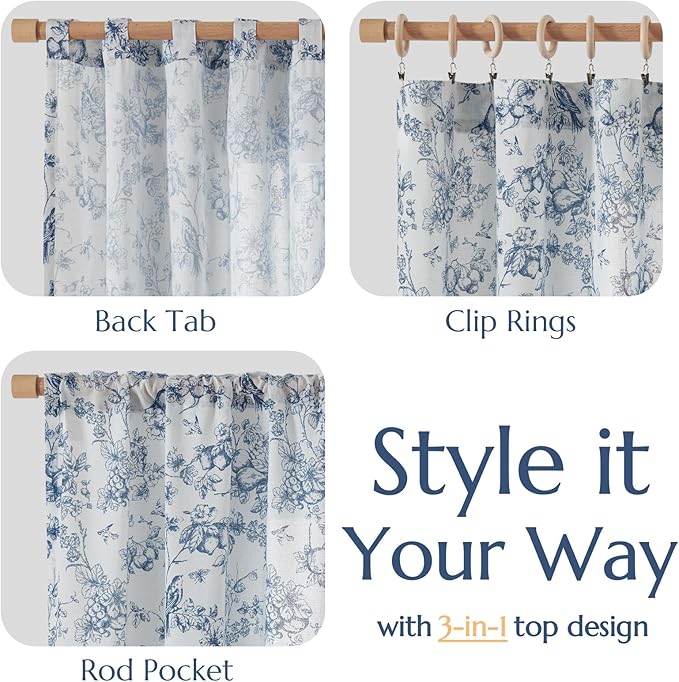 jinchan Linen Floral Curtains for Living Room 96 Inch Length Blue Printed - Image 4