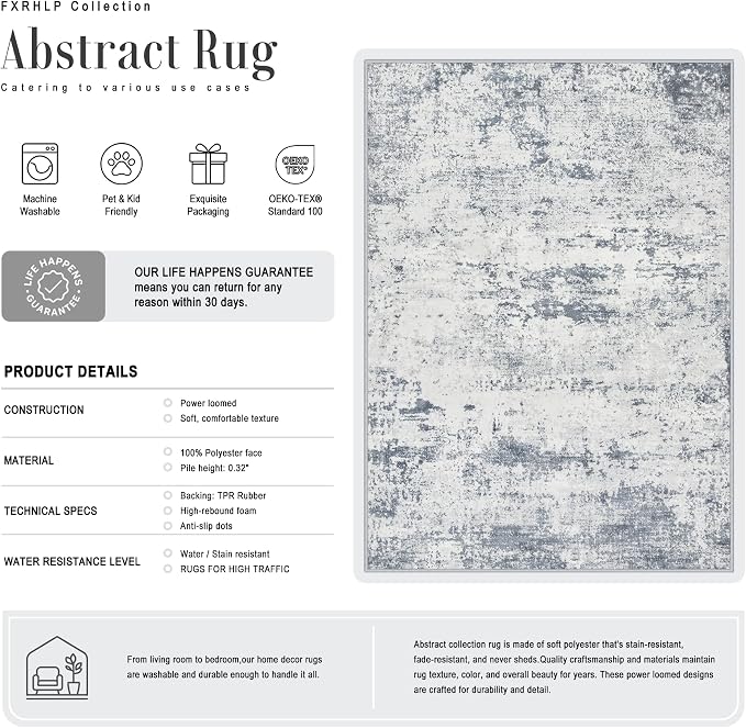 Area Rug Living Room: 4x6 Modern Washable Soft Carpet Blue Grey | - Image 3