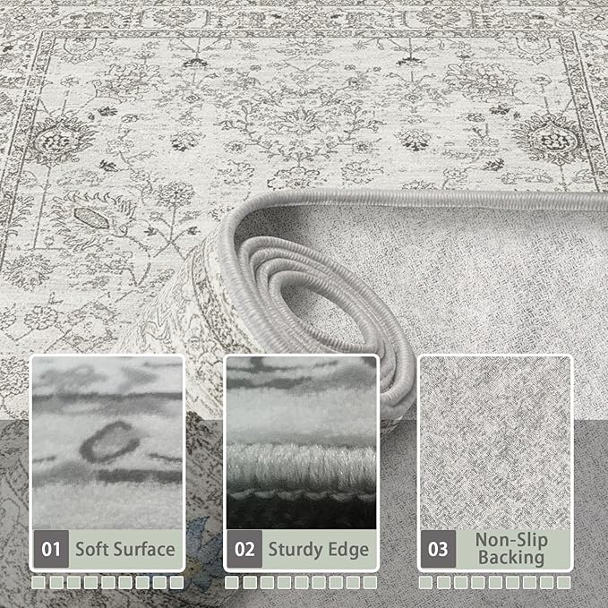 Floral Washable 6x9 Area Rugs, Soft Grey White Bedroom Rug - Image 4