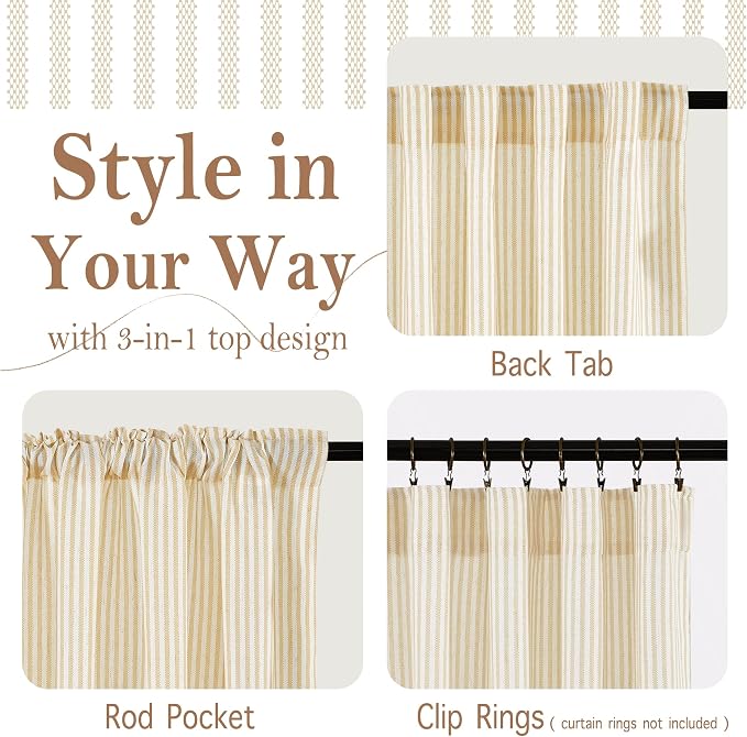 RYB HOME Yellow Kitchen Curtains 24 inch Length, Linen Farmhouse Striped Tier - Image 3