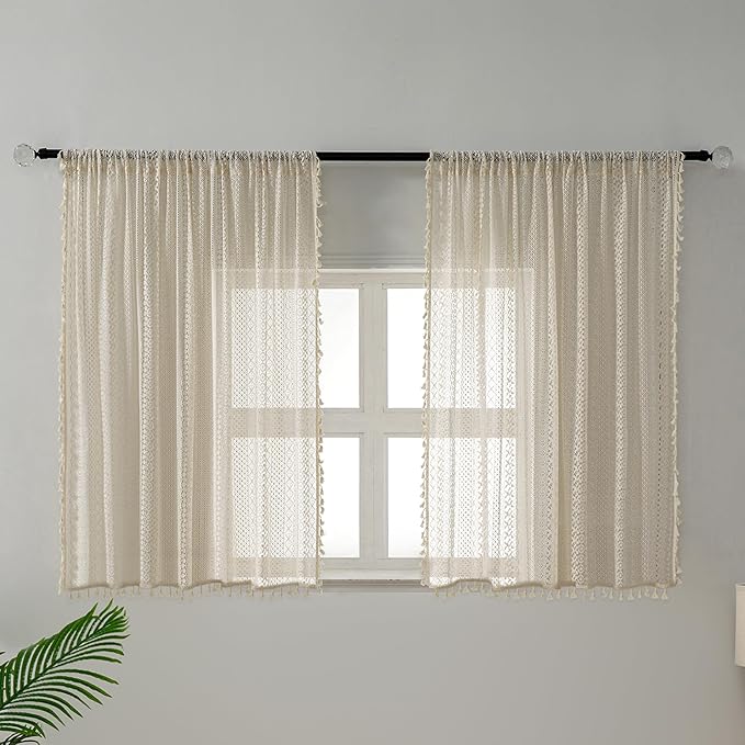 WAZZIO Boho Lace Curtains 54 Inches 2 Panel, Light Filtering Privacy Tassel & - Image 3