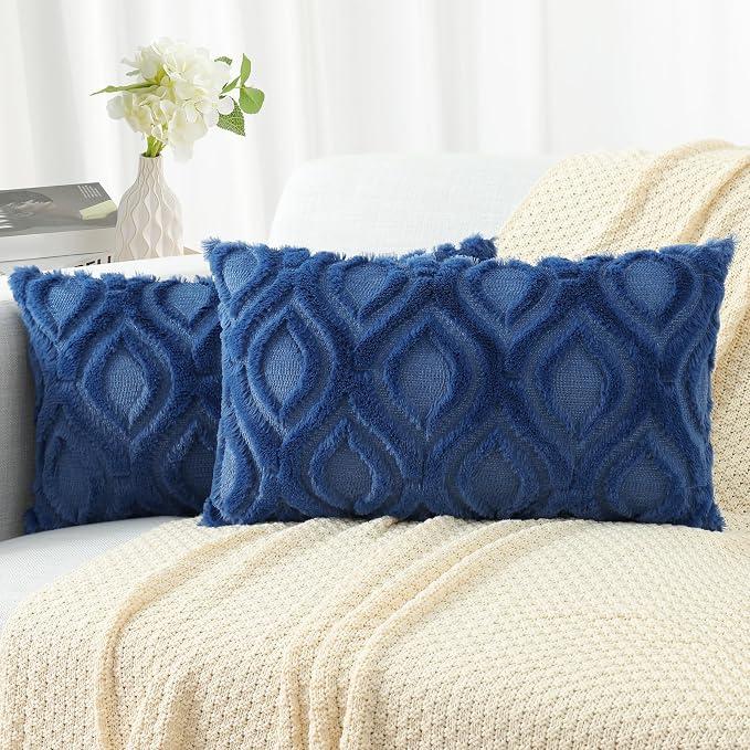 decorUhome Throw Pillow Covers 12x20 Inch Set of 2, Soft Plush Faux Wool Dark by decorUhome