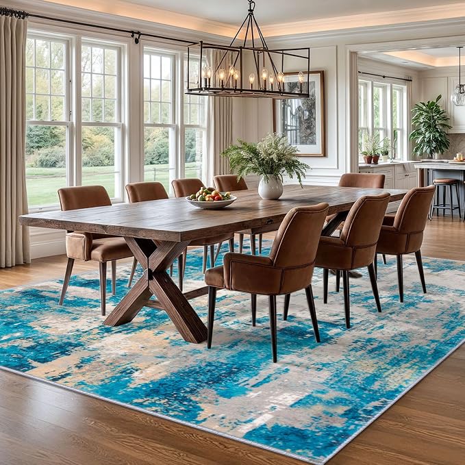 KOZYFLY Modern Abstract Area Rugs 8x10 Turquoise/Beige/Grey/Yellow Machine - Image 3