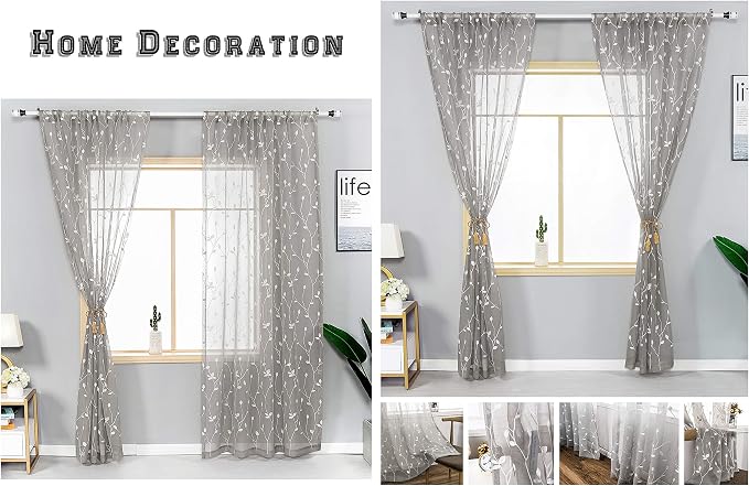 AmHoo 2 Panels Embroidered Leaf Pattern Semi Sheer Curtains Foliage Floral - Image 5