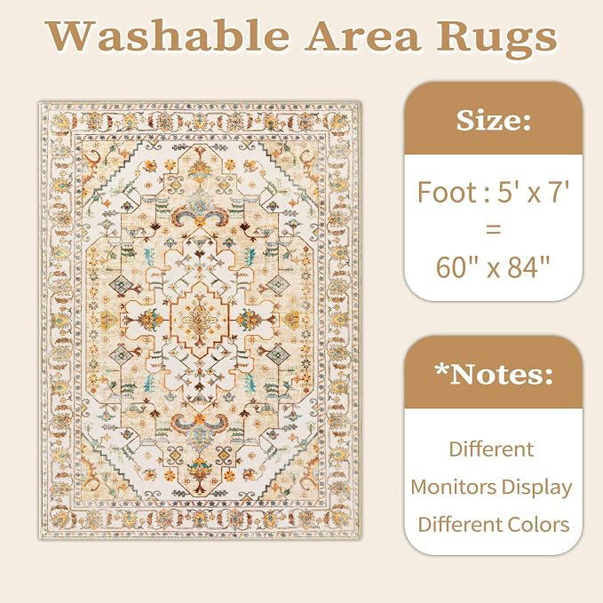 SERISSA Boho Area Rug 5x7 Light Yellow, Washable Large Rugs - Image 6