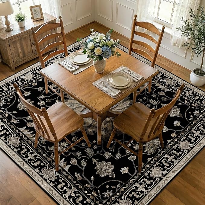 Area Rugs Square 8ft Washable Non-Slip, Floral Vintage Distress Print Pattern - Image 2