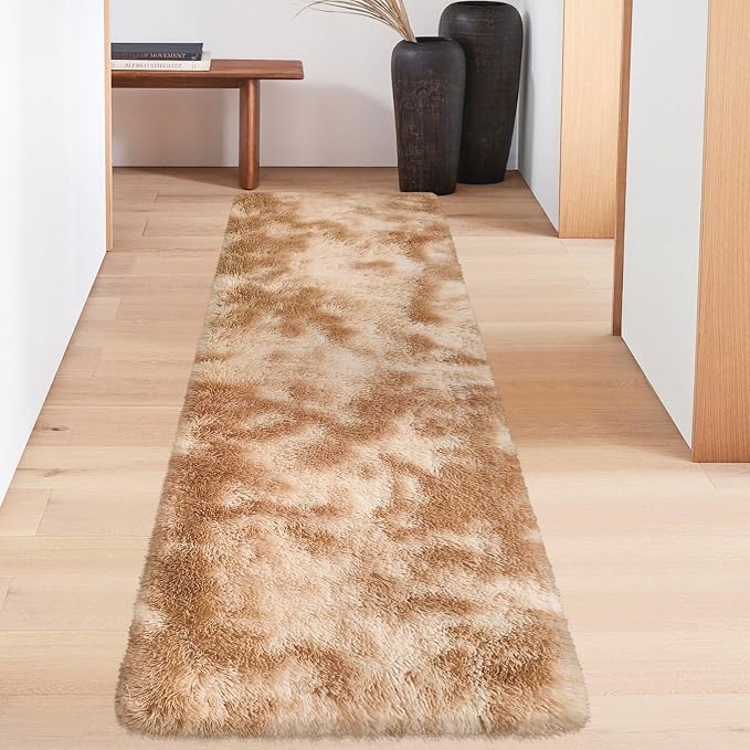 Super Soft Fluffy Living Room Area Rugs 2x6 ft Tie-Dyed Beige Shaggy Furry - Image 3