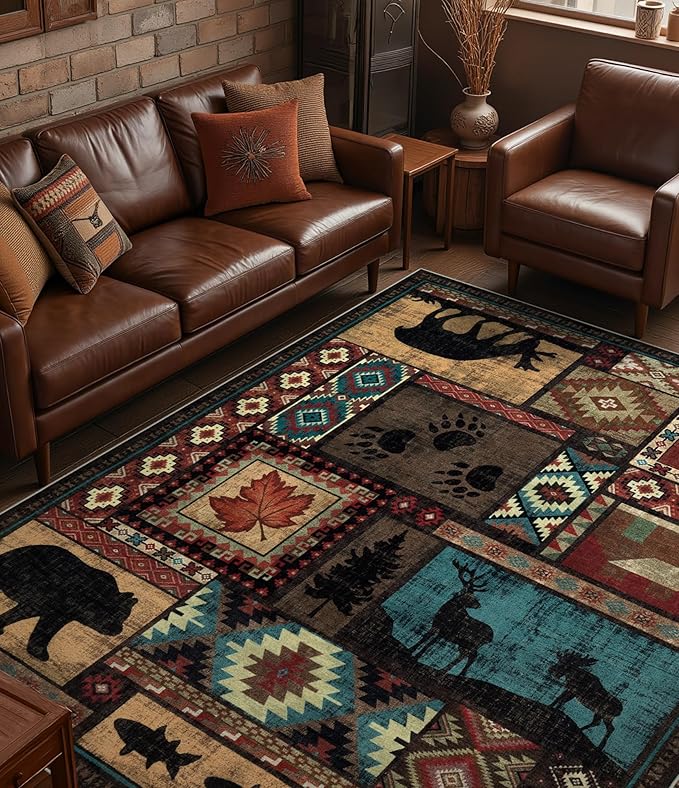 YIHOUSE Rustic Cabin Area Rug 6x9, Machine Washable Lodge Bear Rug, Non-Slip by YIHOUSE