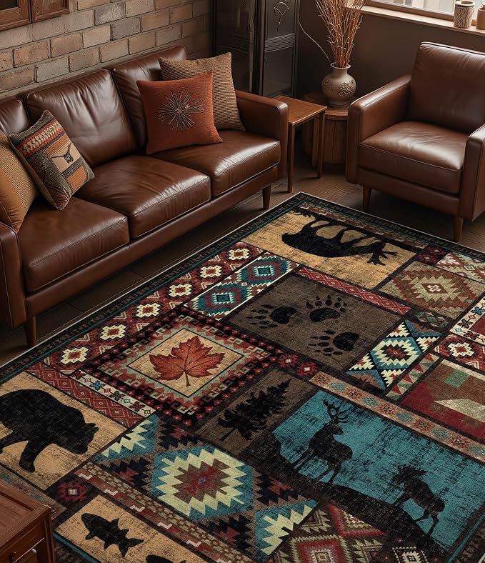 YIHOUSE Rustic Cabin Area Rug 8x10, Machine Washable Lodge Bear Rug, Non-Slip by YIHOUSE