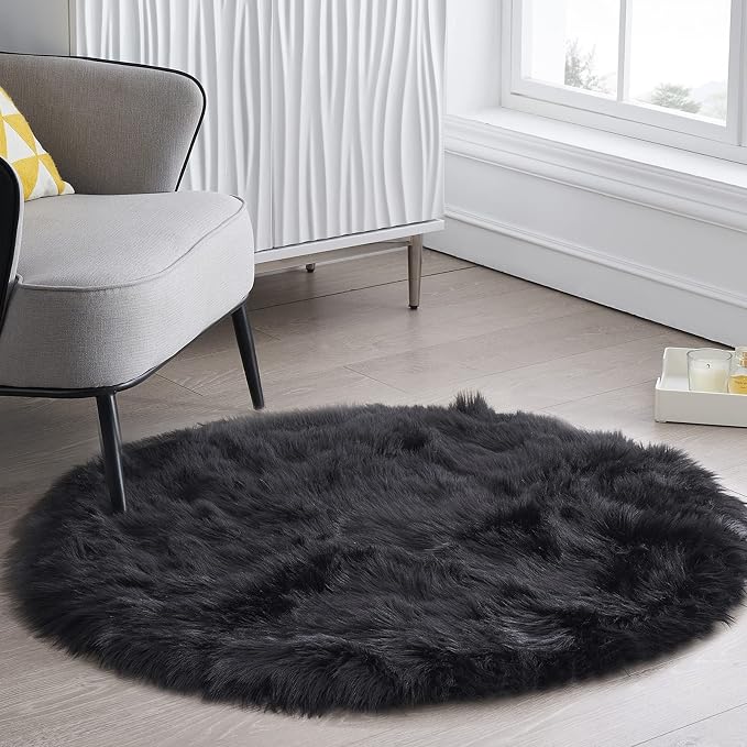 Ciicool Black Fluffy Round Fur Area Rug - Image 3