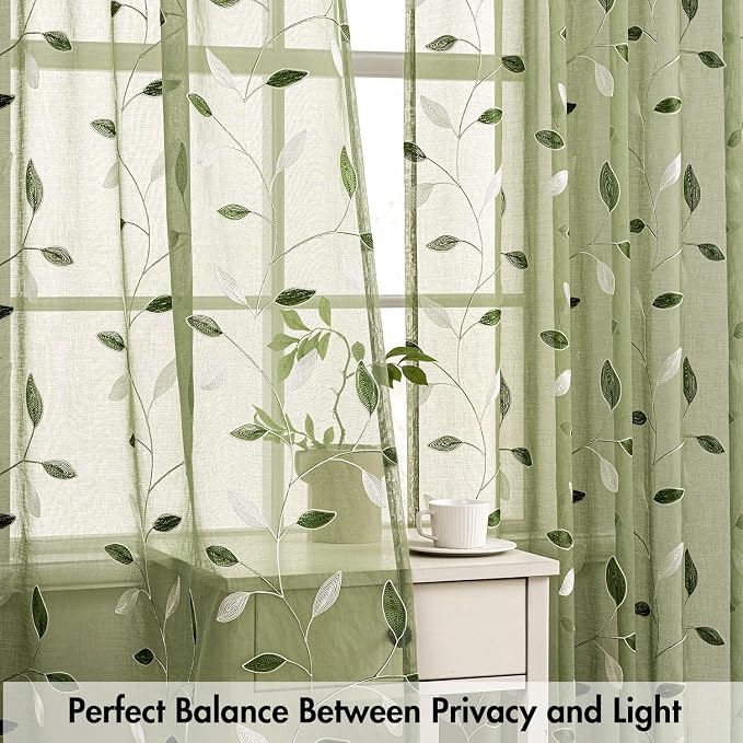 MIULEE Sage Green Sheer Curtains 2 Panels Embroidered Leaf Patterned Rod Pocket - Image 5