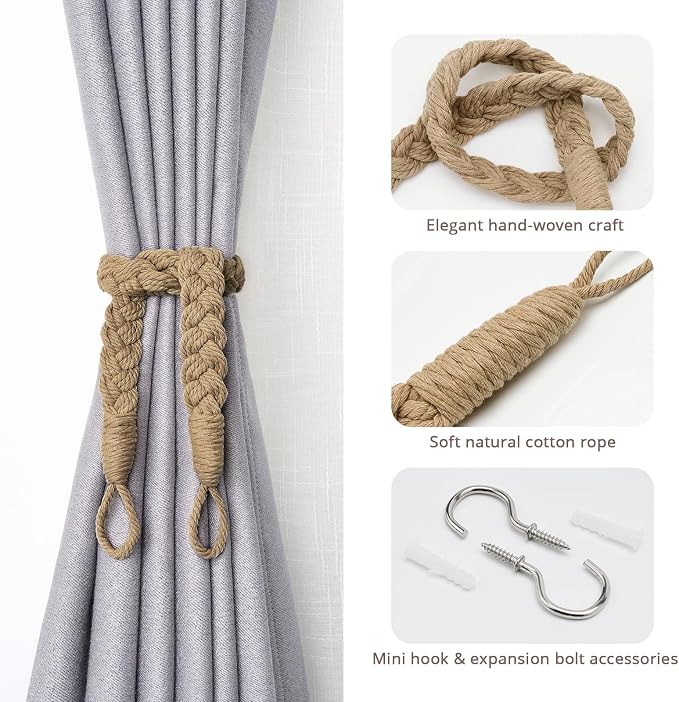NICEEC 2 Pack Natural Cotton Rope Curtain Tiebacks Elegant Boho Style - Image 2