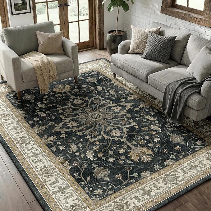 Area Rugs 5'x7' Washable Non-Slip, Floral Vintage Distress Print Pattern - Image 2