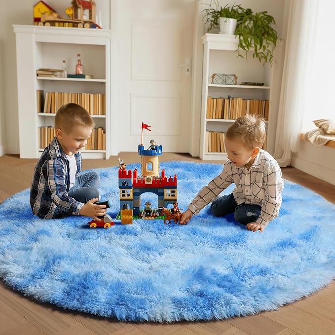 ONASAR Round Rugs 5ft for Bedroom Living Room, Tie-Dye Blue Fluffy Circle Area - Image 4