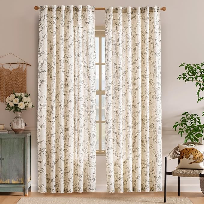 Lazzzy Grey Floral Linen Curtains 84 Inch Length Farmhouse Curtain Back Tab - Image 2