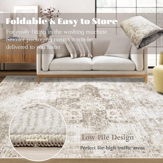 Area Rug 8x10 Washable Rug, Vintage Boho Medallion Rugs Non-Slip Soft Low Pile - Image 7