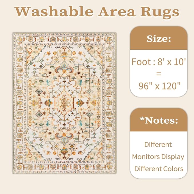 SERISSA Boho Area Rug 8x10 Light Yellow, Washable Large Rugs - Image 6