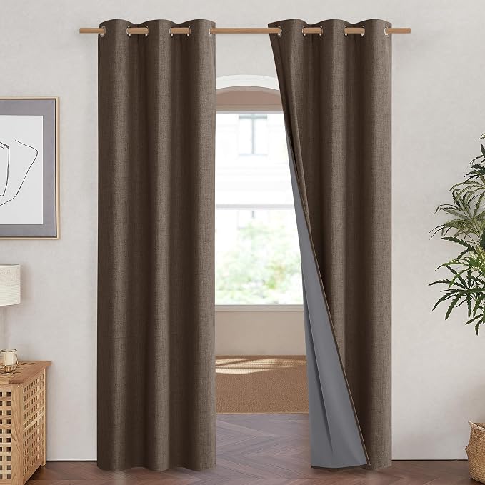NICETOWN Coffee Vintage Linen 100% Blackout Curtains - Image 2