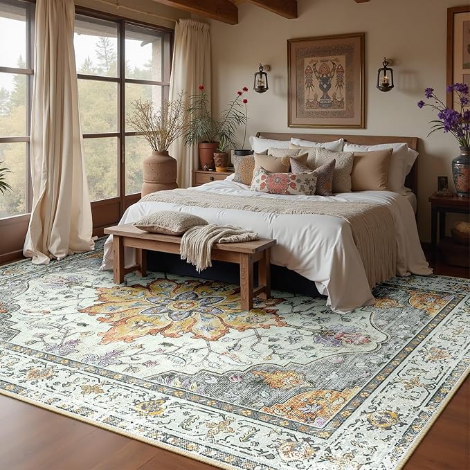 Area Rugs 7'x9' Washable Non-Slip, Floral Vintage Distress Print Pattern by RELEANY