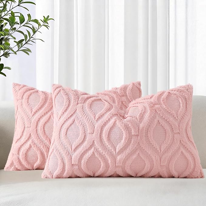 decorUhome Throw Pillow Covers 12x20 Inch Set of 2, Soft Plush Faux Wool Pink by decorUhome