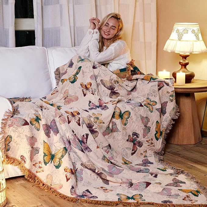 MSGKV Boho Throw Blanket for Bed Cotton Butterfly Twin Size Couch Blanket - Image 7