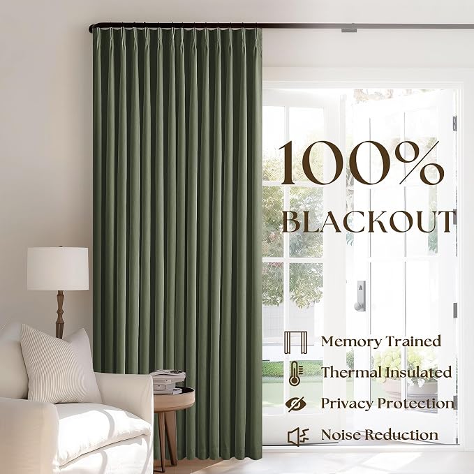 Olive Green Pleated Black Out Linen 45 Inch Curtains - Image 3