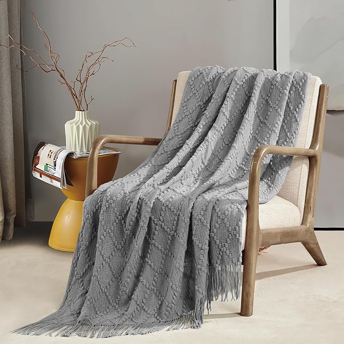 BOURINA Light Grey Throw Blanket 50 x70 Inches Jacquard Argyle Throw Textured - Image 3