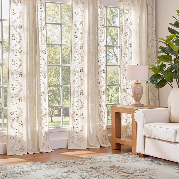 jinchan Belrose Linen Curtains for Bedroom Floral Curtains 108 Inch Length - Image 3