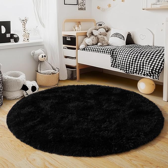 5'x5' Black Round Rug for Bedroom, Ultra Soft Fluffy Circle Rug for Kids Girls - Image 9