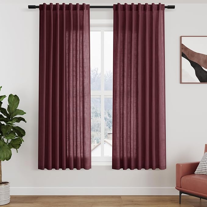 Burgundy Linen Curtains 63 Inches Long 2 Panel Sets by Nanspring