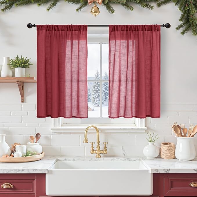 BGment Burgundy Linen Kitchen Window Curtains Over Sink 36 Inch Length by BGment