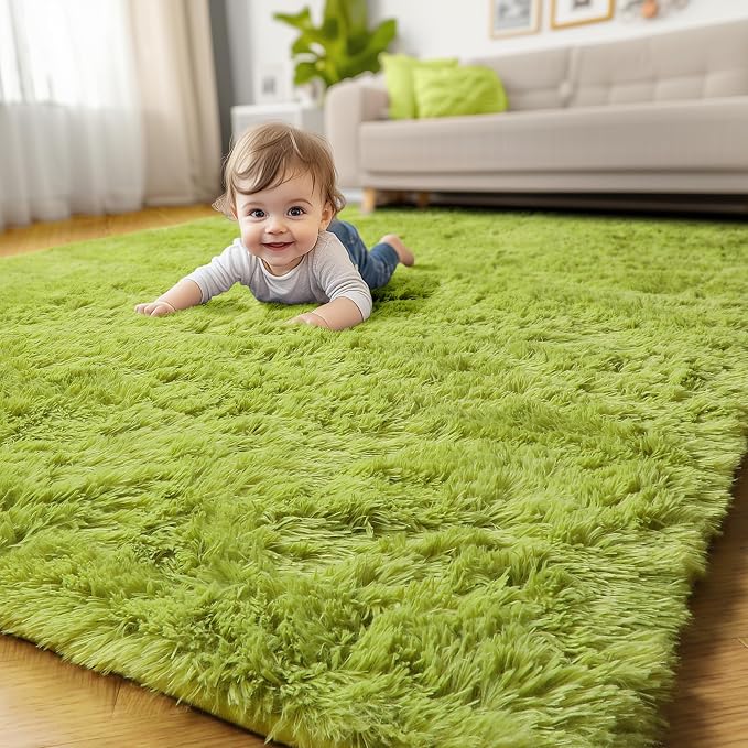 Amdrebio Grass Green Big Shaggy Kids Area Rug 6x9 - Image 5