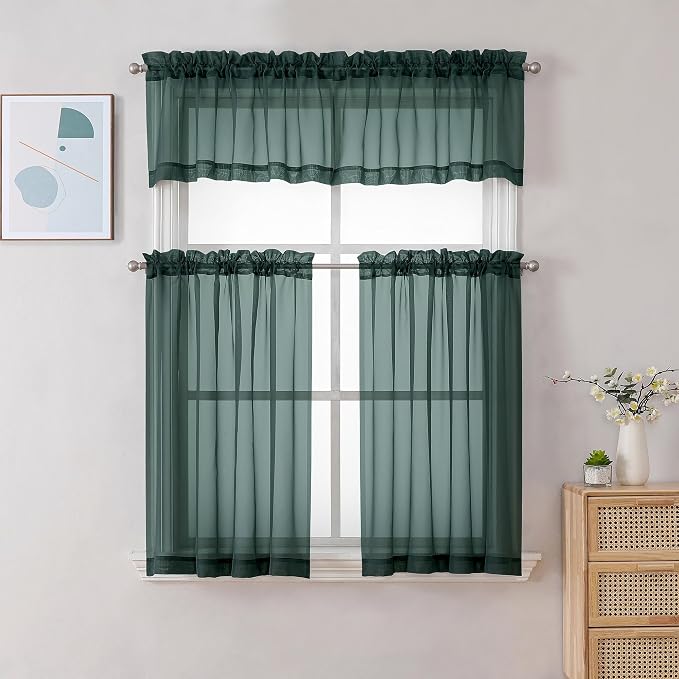 Gwine Hunter Green Sheer Curtains 30 Inch Length, Short Light Filtering Voile - Image 2