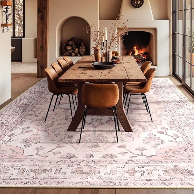 Area Rugs 10'x12' Washable Non-Slip, Floral Vintage Distress Print Pattern - Image 3